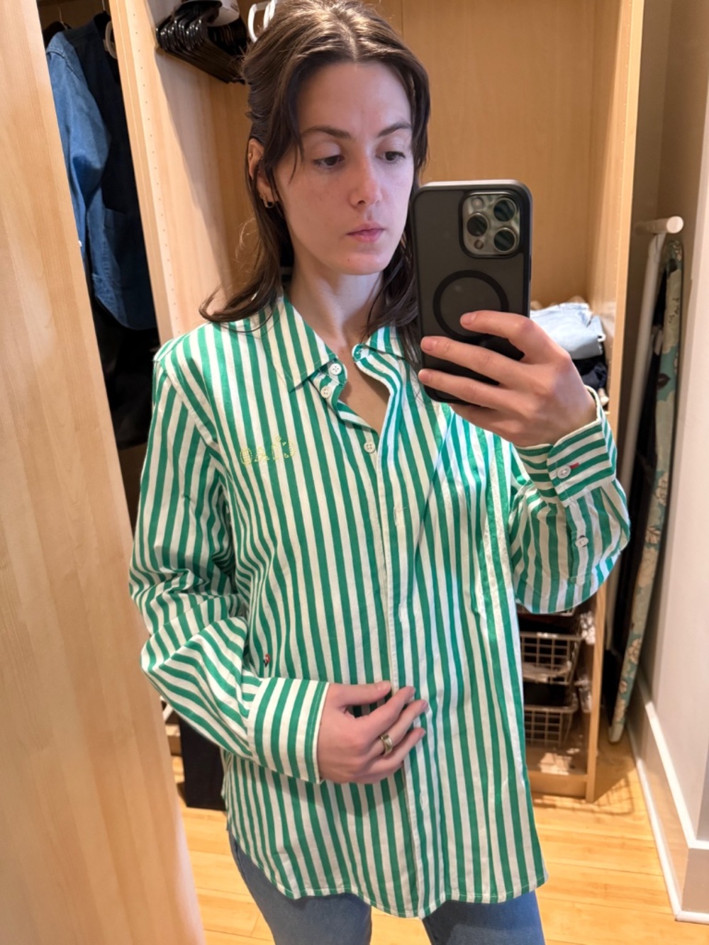Claire V Green and White Striped Button Down Shirt - Picture 3 of 13